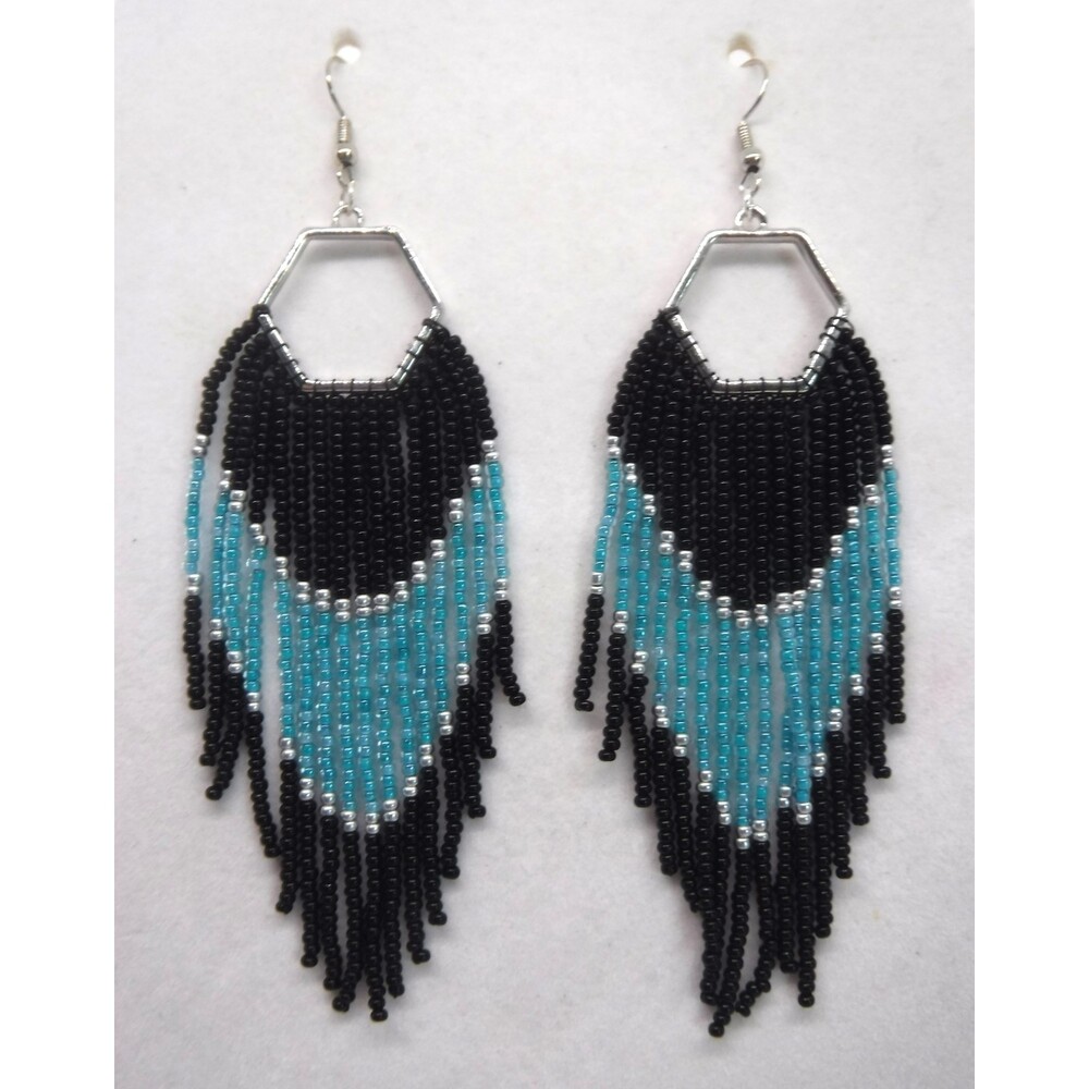 Earrings Beaded Black, Teal & Silver